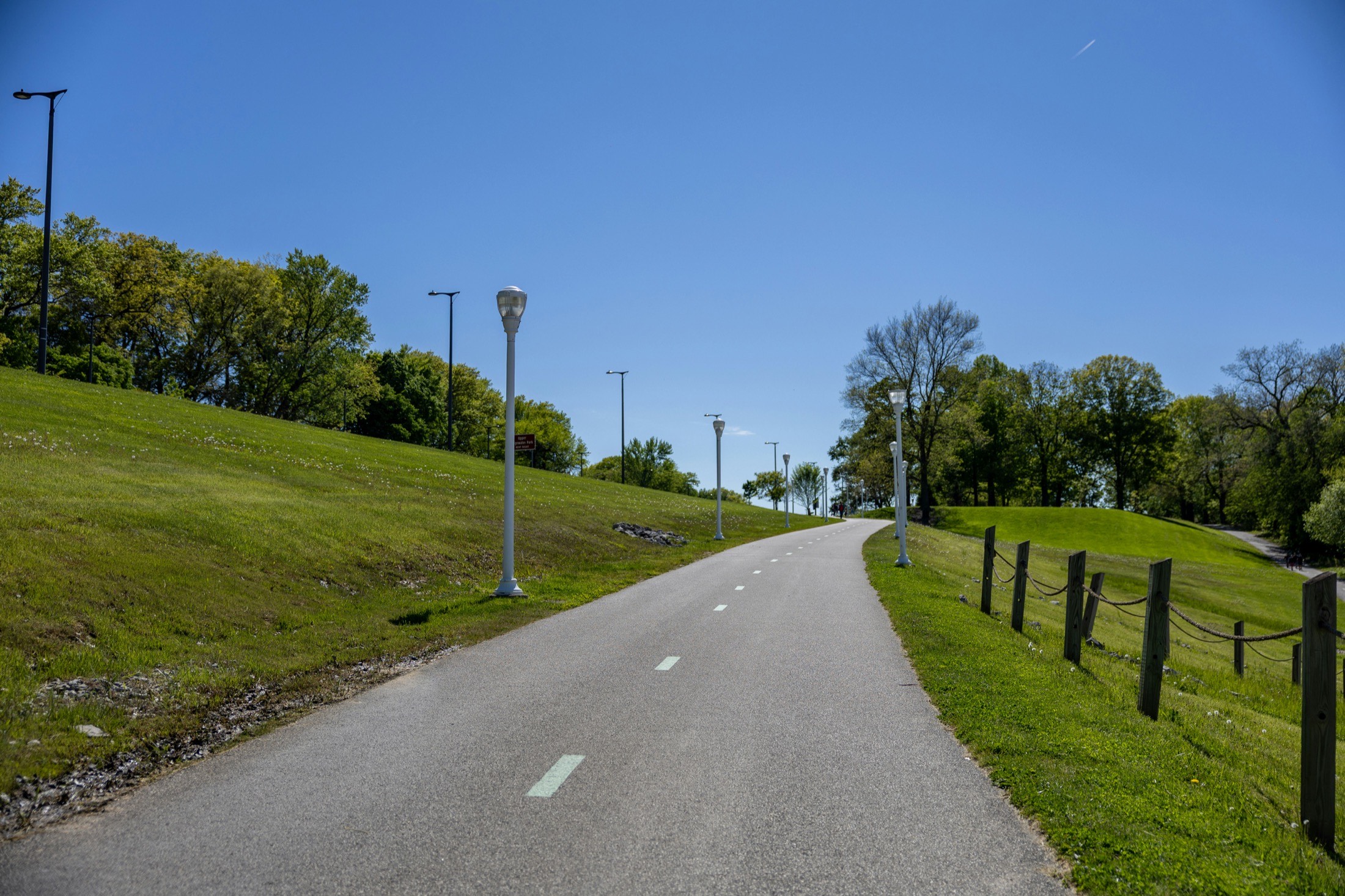 A paved multi-use trail winding through a grassy, tree-lined park.